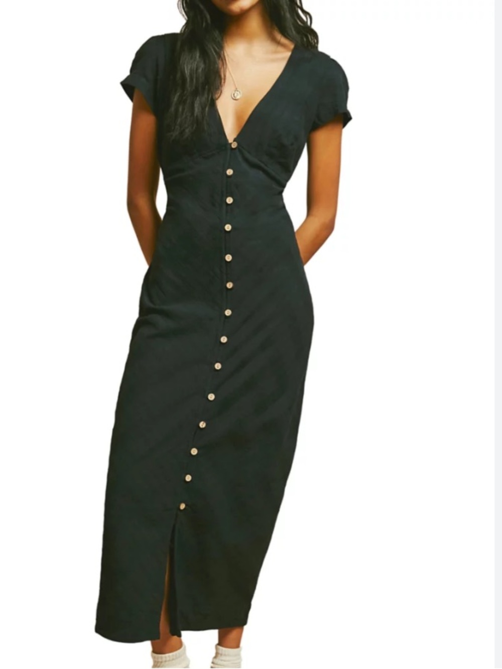Free People Womens XS Black New In Town Midi Dress Boho Button Front V Neck